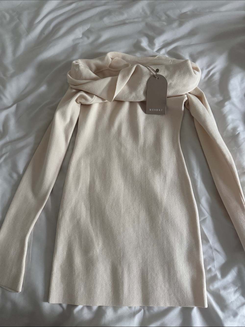 Meshki Off-Shoulder Ribbed Knit Sweater Dress in Cream